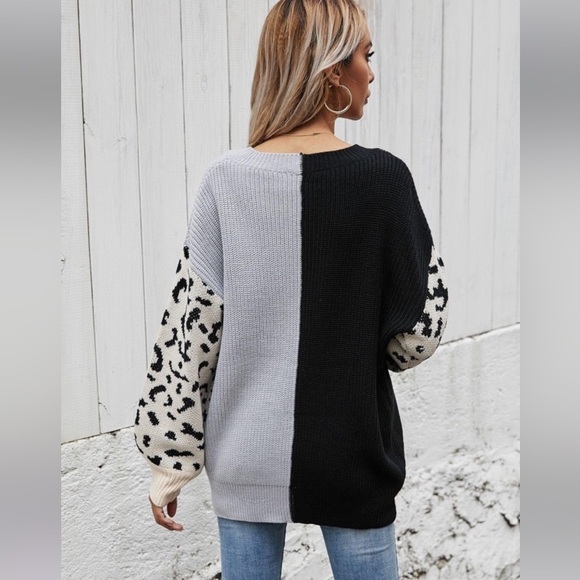 (39)🍁New🍁Fall/Winter Color Block Sweater With Leopard Contrast Sleeves - Picture 3 of 4